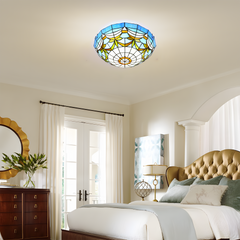 Aeyee Tiffany Style Ceiling Light Stained Glass Semi Flush Mount Ceiling Light Fixture Blue Close to Ceiling Light Elegant Flush Mount Lighting