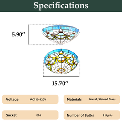 Aeyee Tiffany Style Ceiling Light Stained Glass Semi Flush Mount Ceiling Light Fixture Blue Close to Ceiling Light Elegant Flush Mount Lighting