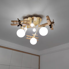 Aeyee Modern Airplane Flush Mount Ceiling Light, Glass Globe Chandelier, Wood Cartoon Boys Bedroom Ceiling Light Fixture