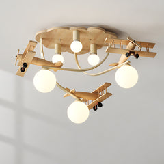 Aeyee Modern Airplane Flush Mount Ceiling Light, Glass Globe Chandelier, Wood Cartoon Boys Bedroom Ceiling Light Fixture