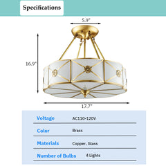 Aeyee Brass Semi-Flush Mount Ceiling Light with Flower Decoration, Elegant Glass Ceiling Light Fixture for Living Room Hall Bedroom