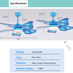 Aeyee Butterfly Wings Shape Ceiling Fan with Lights and Remote Control, 42" LED Ceiling Fan, Reversible Fan Light for Kids' Room Nursery