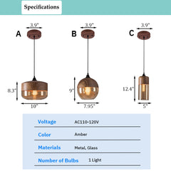 Aeyee Amber Glass Pendant Light Fixture, Vintage Metal Ceiling Hang Lamp, Farmhouse Hanging Light Fixture with Adjustable Cord