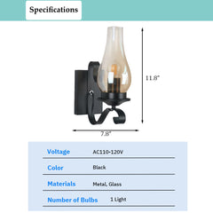 Aeyee Glass Wall Sconce, Candle Wall Lamp with Amber Glass Shade, Small Wall Light for Entrance, Bedroom, Hallway in Black