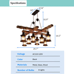 Aeyee Wood Pendant Light Fixture, Industrial 8 Lights Chandelier with Glass Shade, Farmhouse Hanging Light for Game Room Bar Pool Table