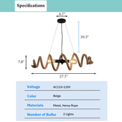 Aeyee Hemp Rope Pendant Light Fixture, Industrial Hanging Light, 2 Lights Adjustable Ceiling Pendant Lamp for Bedroom Dining Room