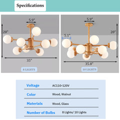 Aeyee Glass Globe Chandelier, Wood Pendant Light Fixture, Sputnik Chandelier, Mid-Century Hanging Light for Dining Room Living Room