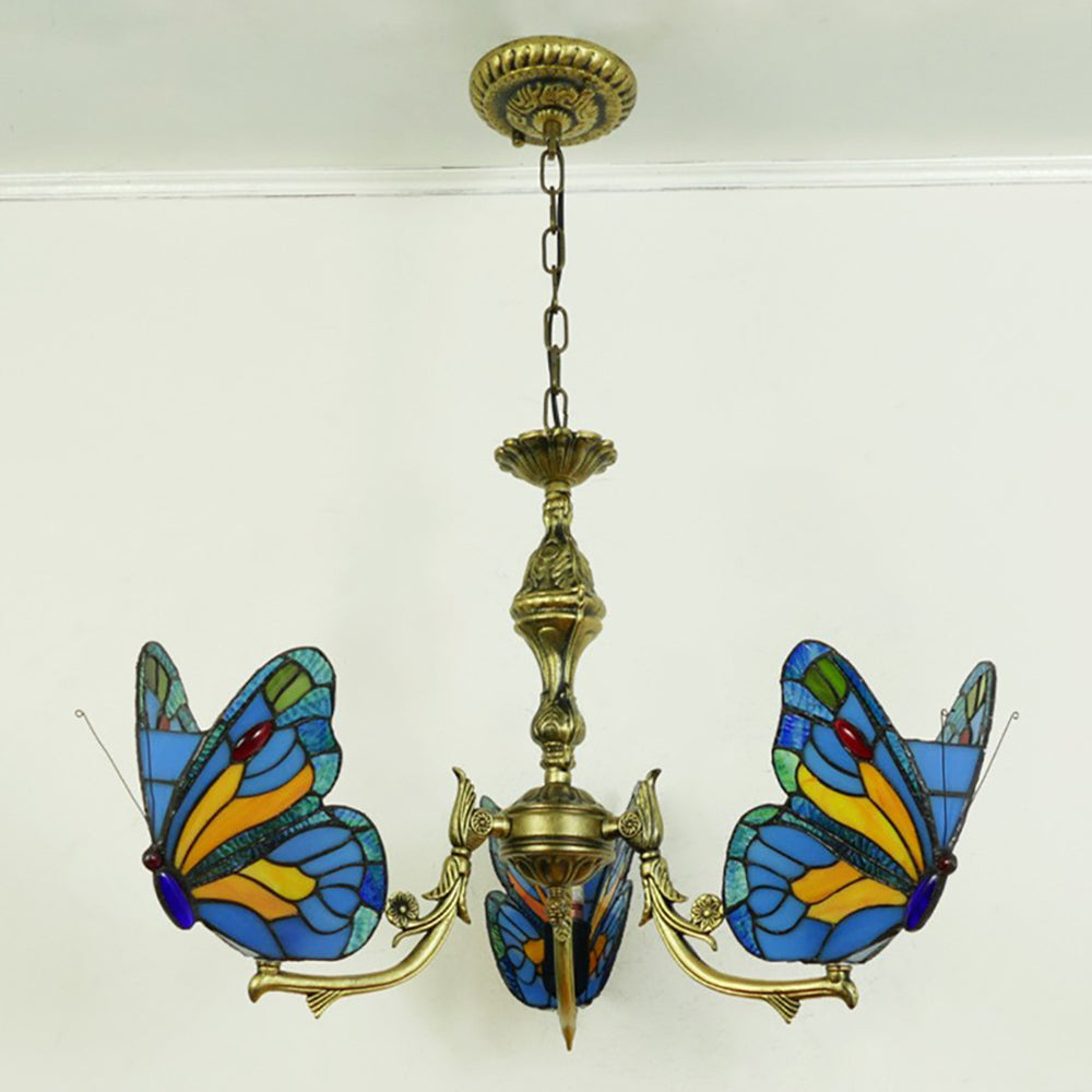 Aeyee Stained Glass Chandelier, Tiffany Style Hanging Light, Classic Blue Butterfly Pendant Light Fixture