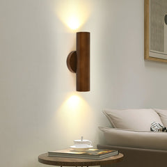 Aeyee Wood Wall Sconce, LED Wall Mounted Lamp, Dimmable Cylinder Wall Light for Stairway Bedroom (Walnut)