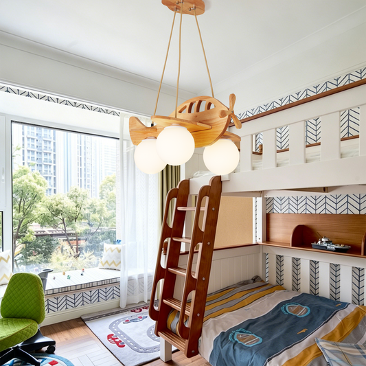 Aeyee Creative Airplane Pendant Light Fixtures, Modern Kids Bedroom Wood Hanging Light, Aircraft Chandeliers, Glass Globe Pendant Lighting for Boys Girls Bedroom Nursery