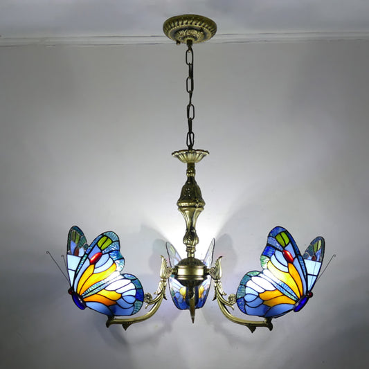 Aeyee Stained Glass Chandelier, Tiffany Style Hanging Light, Classic Blue Butterfly Pendant Light Fixture