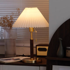 Aeyee Pull Chain Table Lamp Wooden Desk Lamp Bedroom Bedside Reading Lamp Pleated Fabric Night Lamp Suitable for Office Living Room