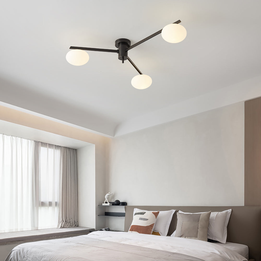 Aeyee Glass Semi Flush Mount Ceiling Light, Modern Sputnik Chandelier with Globe Frosted Glass Shade, Mid Century Ceiling Light Fixture for Bedroom, Hallway Black Finish