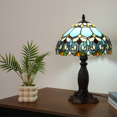 Aeyee Tiffany Style Table Lamp, Stained Glass Desk Lamp, Vintage Blue Bedside Night Light, 11.8 Inch Table Light with Handmade Lampshade for Bedroom Living Room