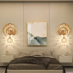 Aeyee Peacock Wall Mount Lamp, Elegant Bedside Lamp with Crystal Shade, Retro Wall Light Fixtures for Bedroom Balcony, Gold