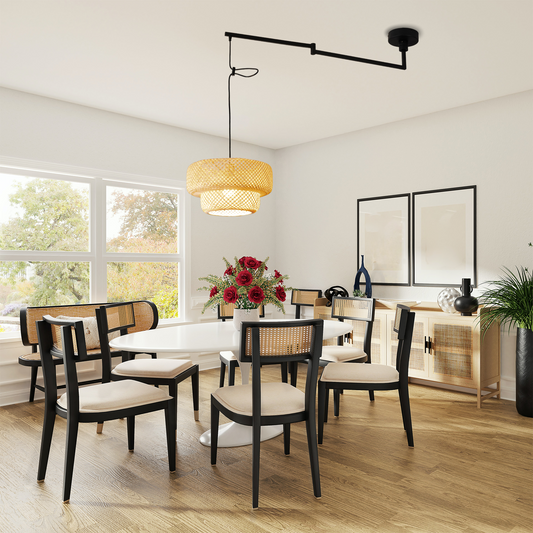 Aeyee Adjustable Arm Bamboo Pendant Light Fixture, Boho Swing Arm Basket Weave Hanging Light, Vintage Round Shape Ceiling Pendant Light for Kitchen Island Dining Room