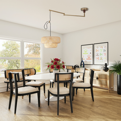 Aeyee Adjustable Arm Bamboo Pendant Light Fixture, Boho Swing Arm Basket Weave Hanging Light, Vintage Round Shape Ceiling Pendant Light for Kitchen Island Dining Room
