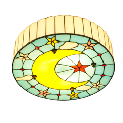 Aeyee Tiffany Style Ceiling Light Fixture Stained Glass Ceiling Lamp Moon and Star Shape Ceiling Light Vintage Round Flush Mount Lighting