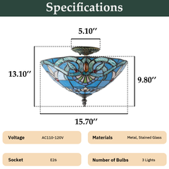 Aeyee Tiffany Style Ceiling Light Stained Glass Semi Flush Mount Ceiling Light Fixture Baroque Style Petal Pattern Close to Ceiling Light Elegant Lighting