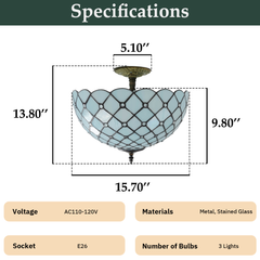 Aeyee Tiffany Style Ceiling Light Stained Glass Semi Flush Mount Ceiling Light Fixture Beads Pattern Close to Ceiling Light Vintage Light Blue Flush Mount Lighting for Foyer Hallway