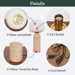 Aeyee Modern Marble Table Lamp with Frosted Glass Shade, Cute Glass Globe Night Light, Natural Yellow Travertine Desk Lamp for Bedroom Living Room (Beige)