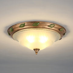 Vintage Glass Ceiling Light Fixtures, Elegant Green Leaves Ceiling lamp, Round Frosted Glass Semi Flush Mount Ceiling Ligh