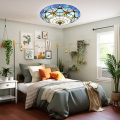 Aeyee Tiffany Ceiling Light, Antique Stained Glass Flush Mount Ceiling Light