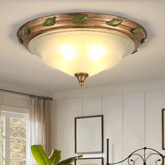 Vintage Glass Ceiling Light Fixtures, Elegant Green Leaves Ceiling lamp, Round Frosted Glass Semi Flush Mount Ceiling Ligh