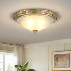 Vintage Glass Ceiling Light Fixtures, Elegant Green Leaves Ceiling lamp, Round Frosted Glass Semi Flush Mount Ceiling Ligh