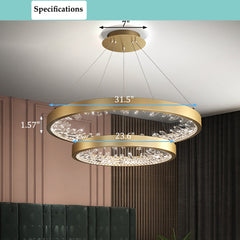 Aeyee Crystal Chandeliers, LED High Ceiling Chandelier, Adjustable 2 Rings Hanging Light