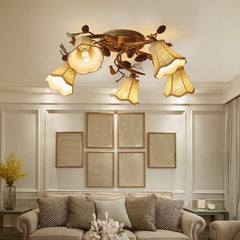 Aeyee Rustic Bird Semi Flush Mount Ceiling Light, Classic Branches Ceiling Light with Fabric Linen Shade, Vintage Pine Cones Ceiling Lamp