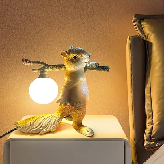 Aeyee Cute Squirrel Table Lamp, Squirrel Night Light, Kids Bedside Lamp with Glass Shade, Resin Base, Decorative Lights for Bedroom Nightstand