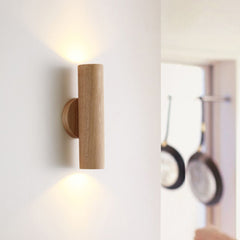 Aeyee Wood Wall Sconce, LED Wall Mounted Lamp, Dimmable Cylinder Wall Light for Stairway Bedroom (Walnut)