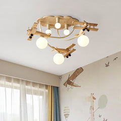 Aeyee Modern Airplane Flush Mount Ceiling Light, Glass Globe Chandelier, Wood Cartoon Boys Bedroom Ceiling Light Fixture