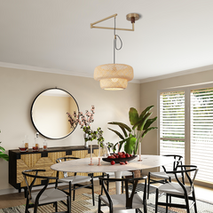 Aeyee Adjustable Arm Bamboo Pendant Light Fixture, Boho Swing Arm Basket Weave Hanging Light, Vintage Round Shape Ceiling Pendant Light for Kitchen Island Dining Room