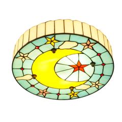 Aeyee Tiffany Style Ceiling Light Fixture Stained Glass Ceiling Lamp Moon and Star Shape Ceiling Light Vintage Round Flush Mount Lighting