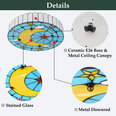 Aeyee Tiffany Style Ceiling Light Fixture Stained Glass Ceiling Lamp Moon and Star Shape Ceiling Light Vintage Round Flush Mount Lighting