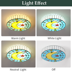 Aeyee Tiffany Style Ceiling Light Fixture Stained Glass Ceiling Lamp Moon and Star Shape Ceiling Light Vintage Round Flush Mount Lighting