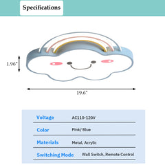 Aeyee Cloud Flush Mount Ceiling Light, Dimmable Kid's Bedroom Ceiling Light with Remote Control, Cartoon Rainbow LED Ceiling Lamp