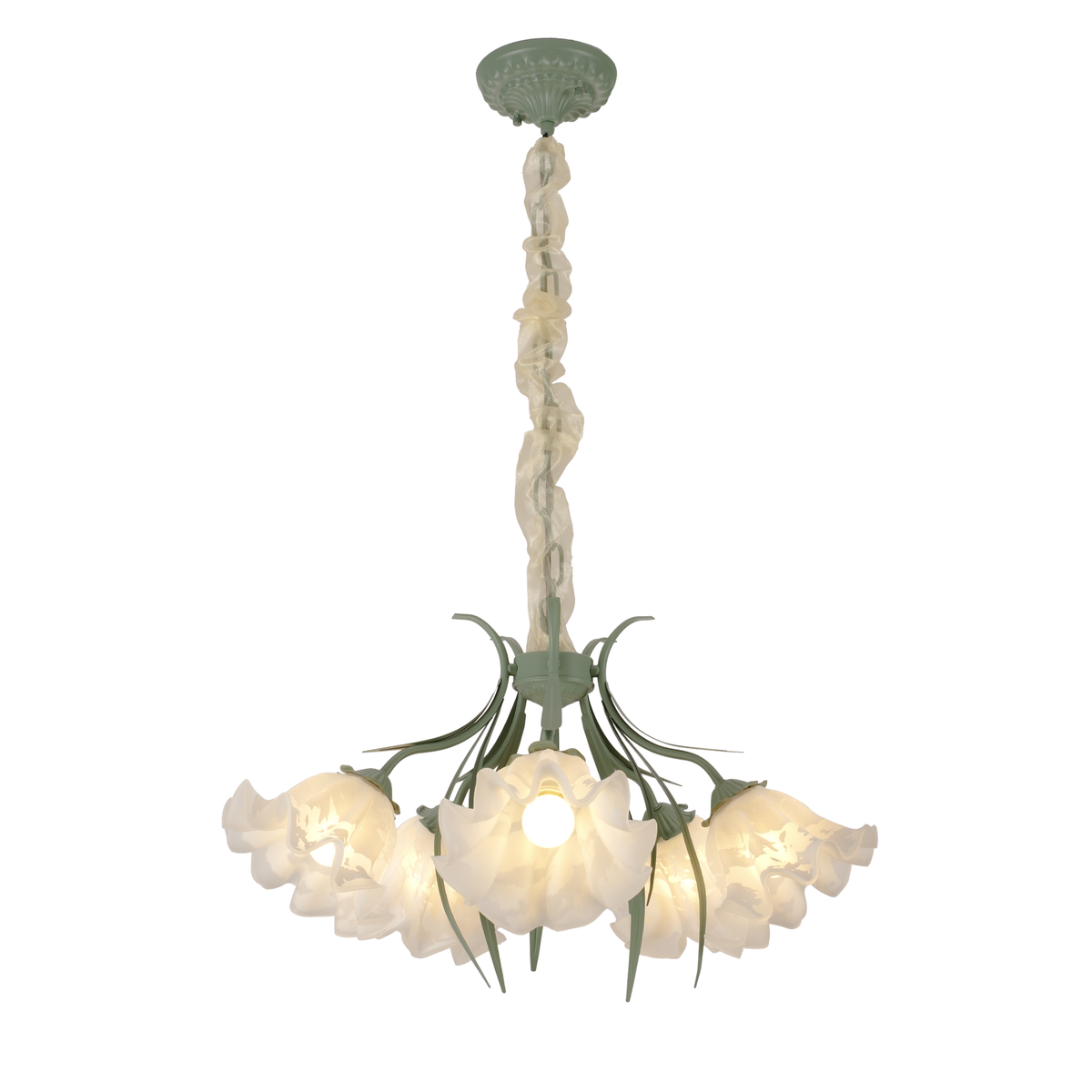 Aeyee Modern Flower Glass Chandelier Elegant Floral Pendant Light with Adjustable Chain Mid Century Glass Hanging Light for Bedroom Dining Room Living Room Green Finish
