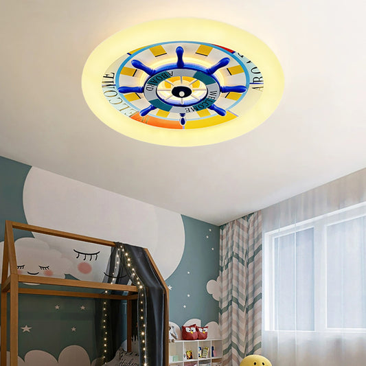 Aeyee Nautical Style Ceiling Light Fixtures, Kids Room Ceiling Light with Rudder Wood Shade, Modern LED Round Ceiling Lamp for Kid's Bedroom Nursery