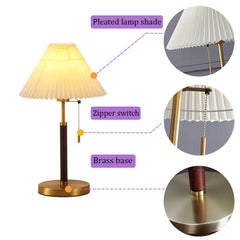 Aeyee Pull Chain Table Lamp Wooden Desk Lamp Bedroom Bedside Reading Lamp Pleated Fabric Night Lamp Suitable for Office Living Room