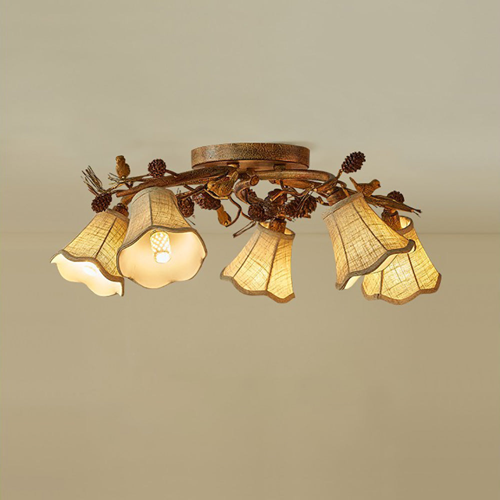 Aeyee Rustic Bird Semi Flush Mount Ceiling Light, Classic Branches Ceiling Light with Fabric Linen Shade, Vintage Pine Cones Ceiling Lamp