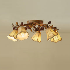 Aeyee Rustic Bird Semi Flush Mount Ceiling Light, Classic Branches Ceiling Light with Fabric Linen Shade, Vintage Pine Cones Ceiling Lamp