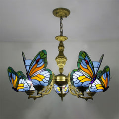 Aeyee Stained Glass Chandelier, Tiffany Style Hanging Light, Classic Blue Butterfly Pendant Light Fixture