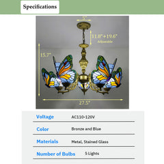 Aeyee Stained Glass Chandelier, Tiffany Style Hanging Light, Classic Blue Butterfly Pendant Light Fixture