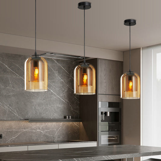 Aeyee Modern Glass Pendant Light Fixture, Double Glass Hanging Light, Adjustable Ceiling Pendant Light for Bedroom Kitchen Island
