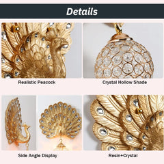 Aeyee Peacock Wall Mount Lamp, Elegant Bedside Lamp with Crystal Shade, Retro Wall Light Fixtures for Bedroom Balcony, Gold