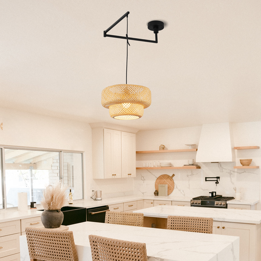 Aeyee Adjustable Arm Bamboo Pendant Light Fixture, Boho Swing Arm Basket Weave Hanging Light, Vintage Round Shape Ceiling Pendant Light for Kitchen Island Dining Room