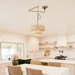 Aeyee Adjustable Arm Bamboo Pendant Light Fixture, Boho Swing Arm Basket Weave Hanging Light, Vintage Round Shape Ceiling Pendant Light for Kitchen Island Dining Room